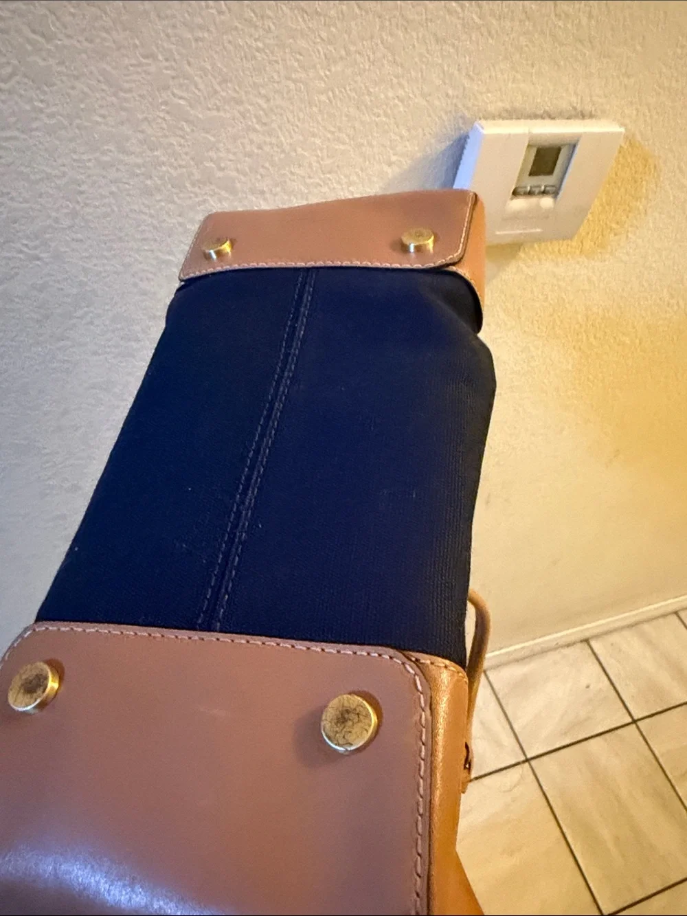 Michael Kors Navy Canvas Tote with Tan Leather Trim